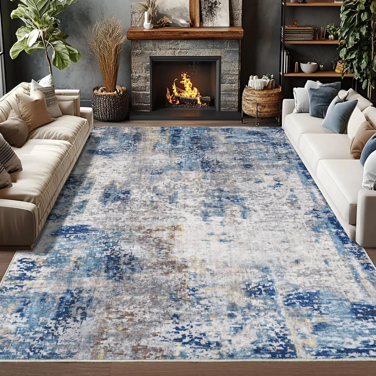 Living Room Area Rugs Soft Large Modern Abstract Area Rug,  Boho Vintage Machine Washable Non Slip Carpet , Low Pile Rugs