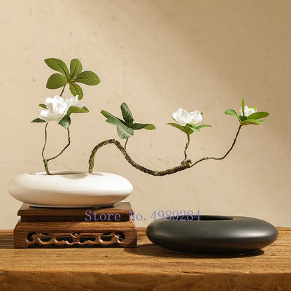 Chinese Style Ceramics Vase Flower Pot Black White Cobblestone Deformation Flower Arrangement Accessories Modern Home Decoration