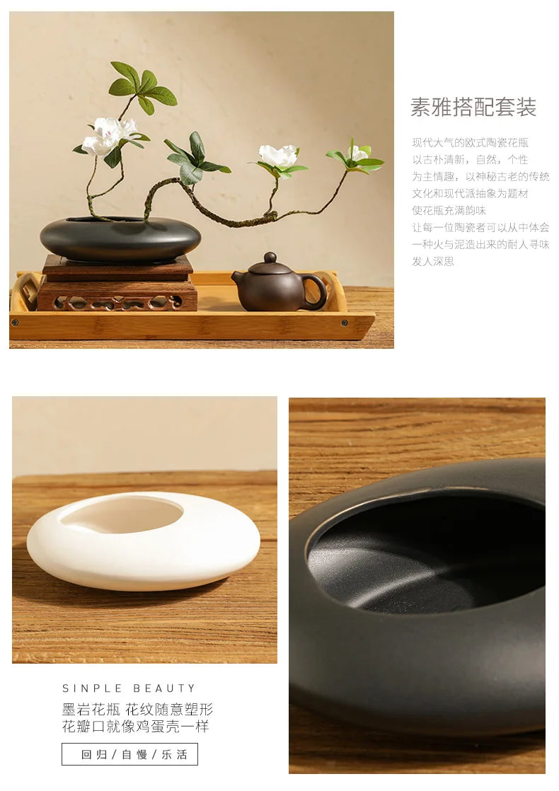 Chinese Style Ceramics Vase Flower Pot Black White Cobblestone Deformation Flower Arrangement Accessories Modern Home Decoration