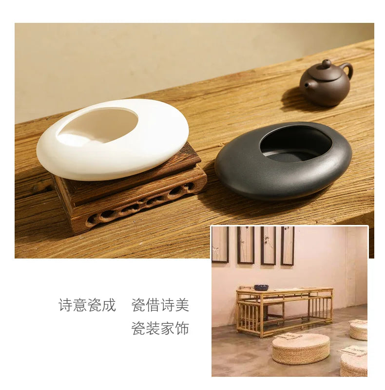 Chinese Style Ceramics Vase Flower Pot Black White Cobblestone Deformation Flower Arrangement Accessories Modern Home Decoration