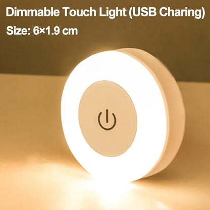 Mini LED Touch Sensor Night Lights USB Rechargeable Kitchen Bedroom Magnetic Base Wall Light Round Portable Dimming Night Lamp