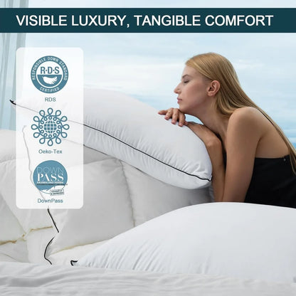 Down Pillows, Bed Pillows, Supine, Abdominal or Side Sleeping Pillows, Ultimate Comfortable Silky Fabric Wear-resistant Design