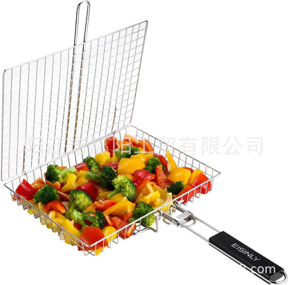 Portable  Stainless Steel Folding Grill Basket BBQ Grill Basket With Handle for Fish Vegetables Shrimp Cook Accessories Outdoor