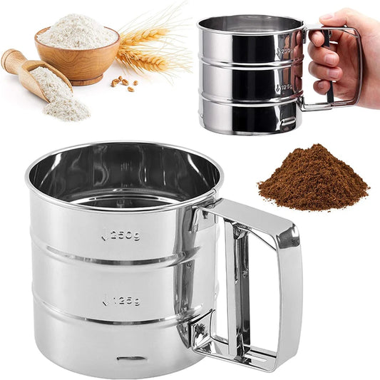 Stainless Steel Flour Sifter Cup Manual Shaker Sieve Cup For Baking Coffee One Hand Press Flour Sifter With Scale Cake Tool