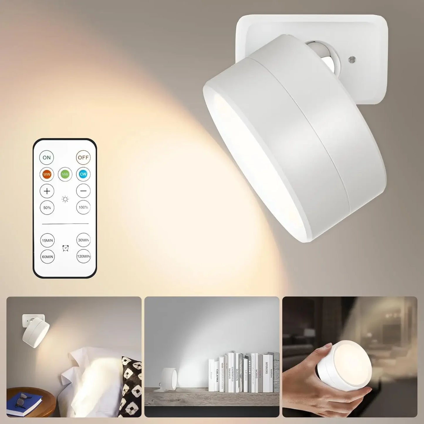 LED Wall Mounted Lights with Remote Wireless Magnetic Wall Sconces 3 Color Dimmable USB Rechargeable for Bedroom Bedside Light