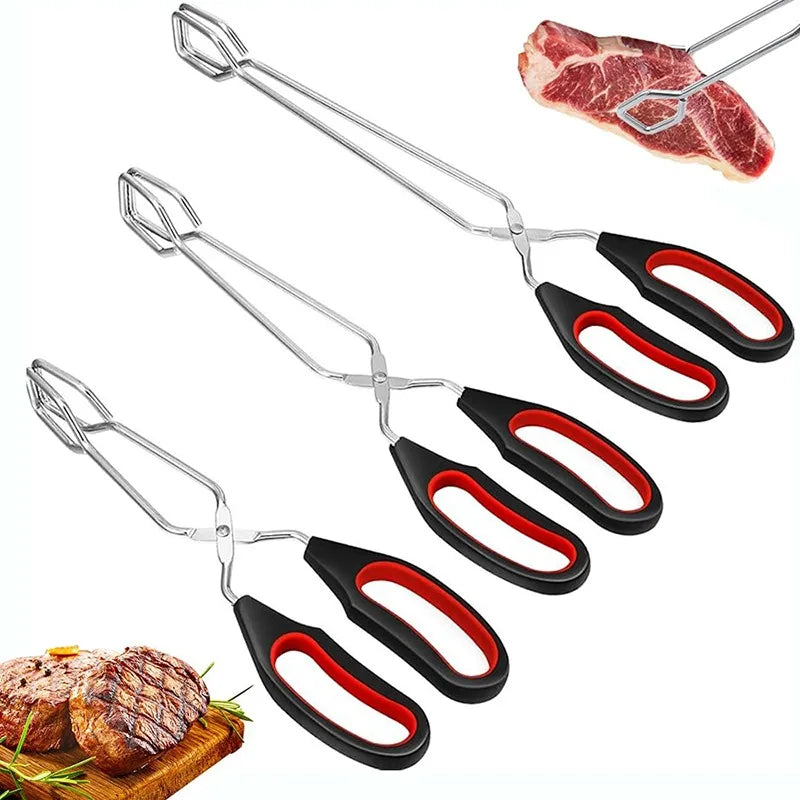 3sizes Barbecue Scissor Tong Non-Slip Grilled Food Bread Tong Metal BBQ Baking Clip with Long Handle Kitchen Cooking Accessories