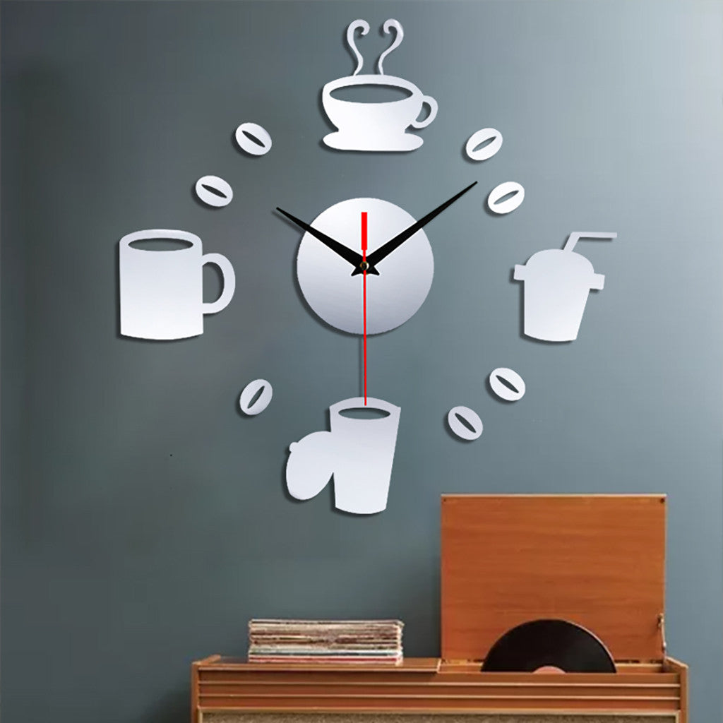 Home 3D Mirror Wall Clock Self Adhesive Modern Mute Acrylic Art Analog Kitchen DIY Coffee Cups Decor Waterproof Wall Decoration