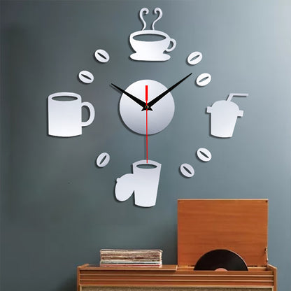 Home 3D Mirror Wall Clock Self Adhesive Modern Mute Acrylic Art Analog Kitchen DIY Coffee Cups Decor Waterproof Wall Decoration