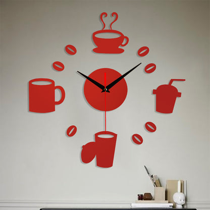 Home 3D Mirror Wall Clock Self Adhesive Modern Mute Acrylic Art Analog Kitchen DIY Coffee Cups Decor Waterproof Wall Decoration