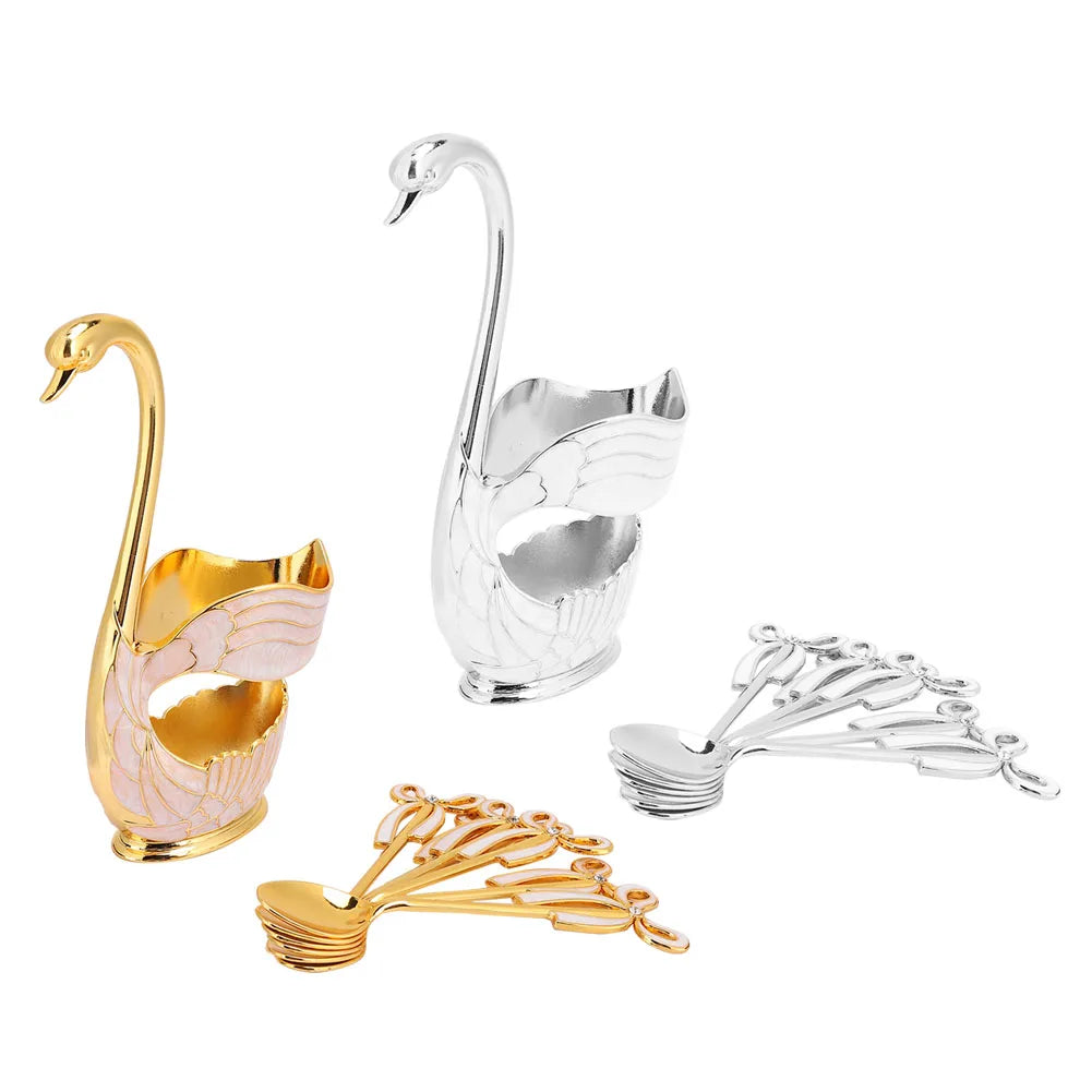 Coffee Dessert Spoon Set European  Elegant Swan Fruit Scoop Holder Decorative Tableware Table Decor Coffee Spoon Stand Kit