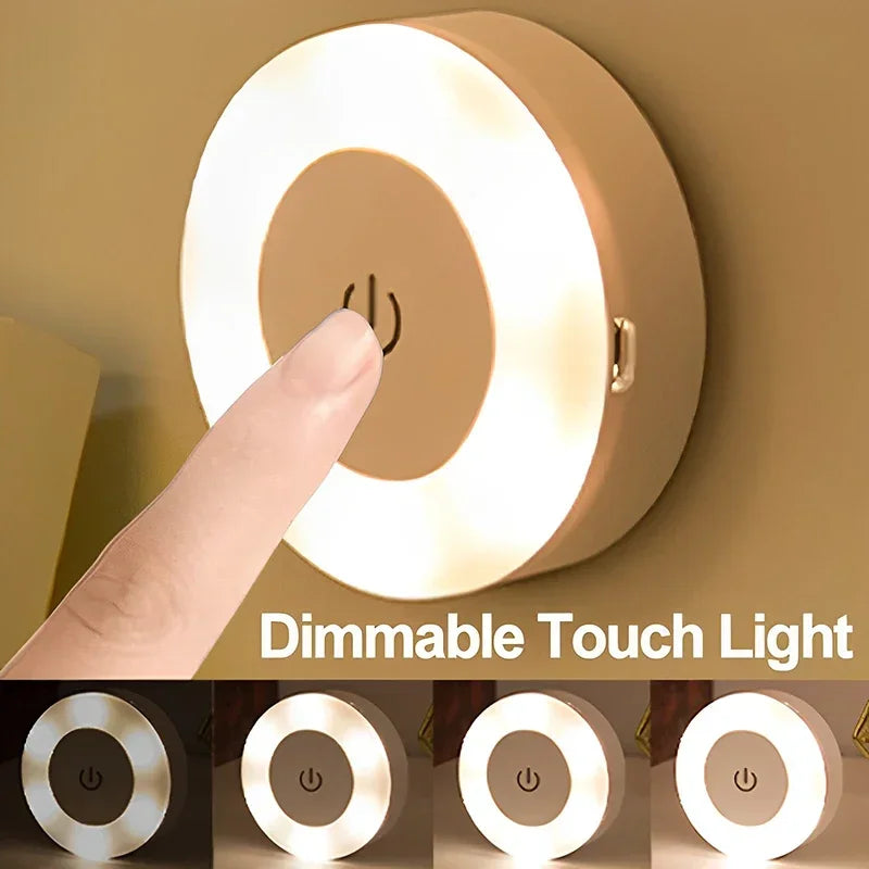 Mini LED Touch Sensor Night Lights USB Rechargeable Kitchen Bedroom Magnetic Base Wall Light Round Portable Dimming Night Lamp