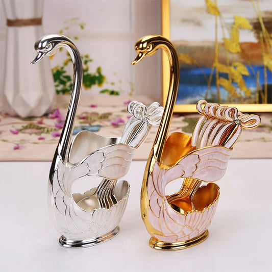 Coffee Dessert Spoon Set European  Elegant Swan Fruit Scoop Holder Decorative Tableware Table Decor Coffee Spoon Stand Kit