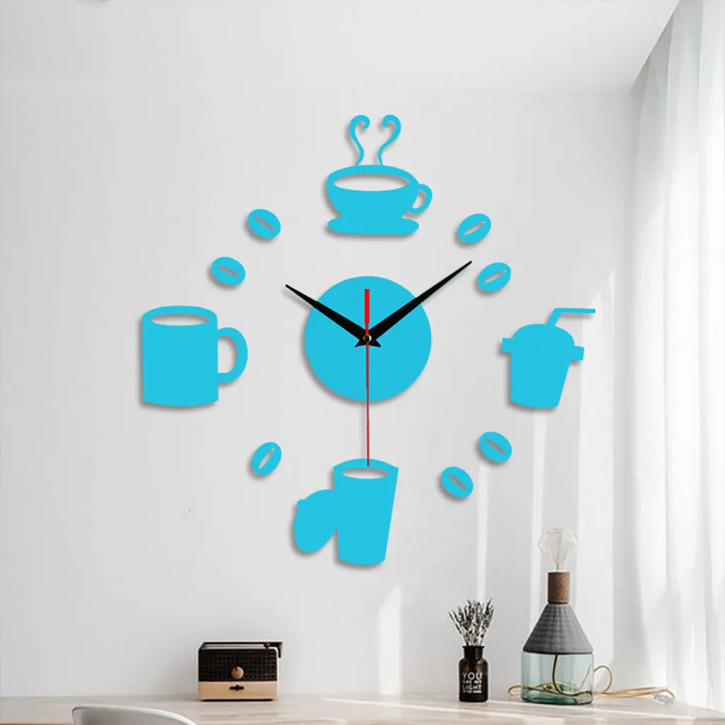 Home 3D Mirror Wall Clock Self Adhesive Modern Mute Acrylic Art Analog Kitchen DIY Coffee Cups Decor Waterproof Wall Decoration