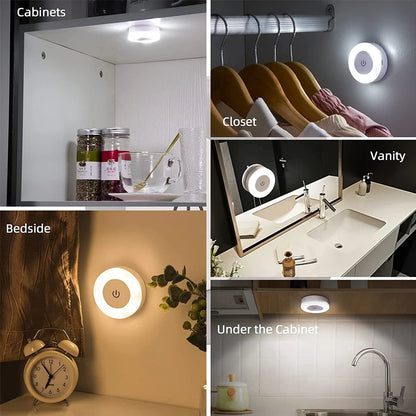 Mini LED Touch Sensor Night Lights USB Rechargeable Kitchen Bedroom Magnetic Base Wall Light Round Portable Dimming Night Lamp