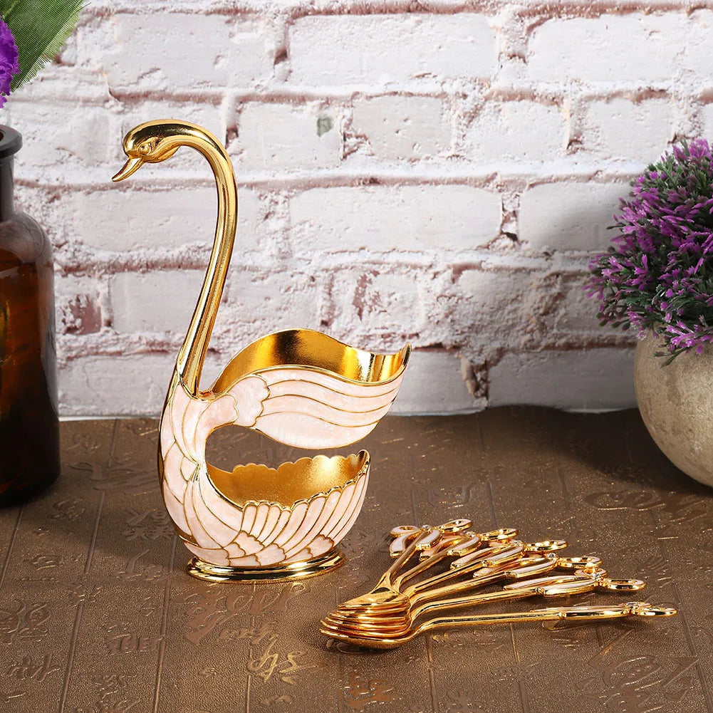 Coffee Dessert Spoon Set European  Elegant Swan Fruit Scoop Holder Decorative Tableware Table Decor Coffee Spoon Stand Kit