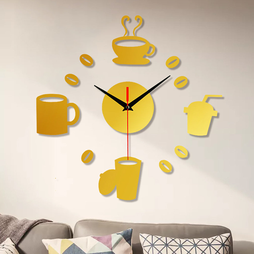 Home 3D Mirror Wall Clock Self Adhesive Modern Mute Acrylic Art Analog Kitchen DIY Coffee Cups Decor Waterproof Wall Decoration