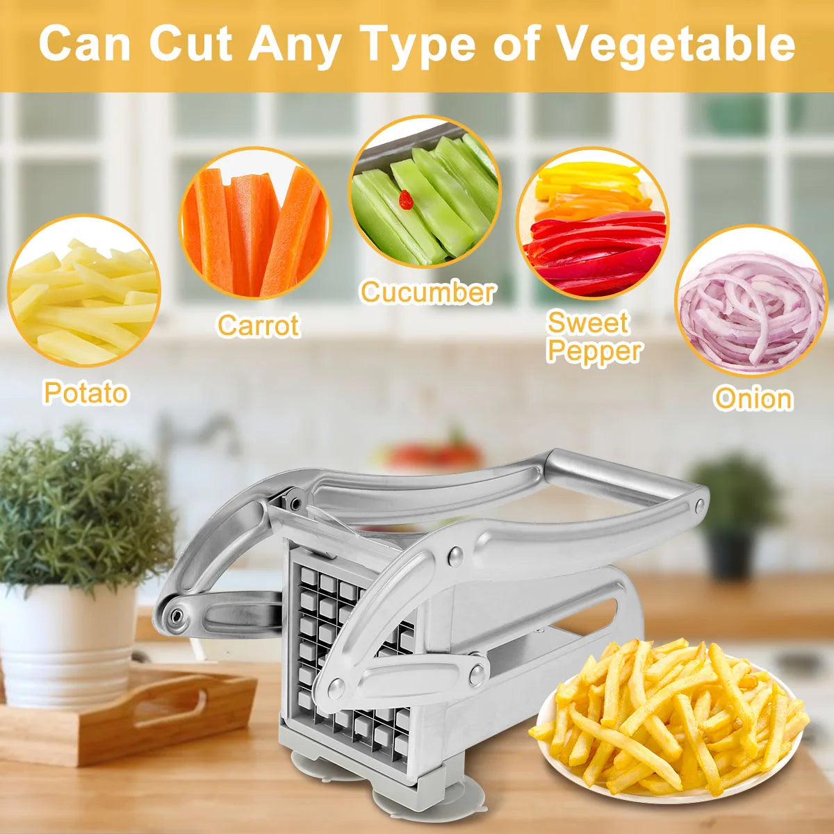 French Fry Cutter Stainless Steel Potato Chipper Fast Cutting Potato Chip Cutter with 36/46Holes Blades Manual Food Slicer Dicer