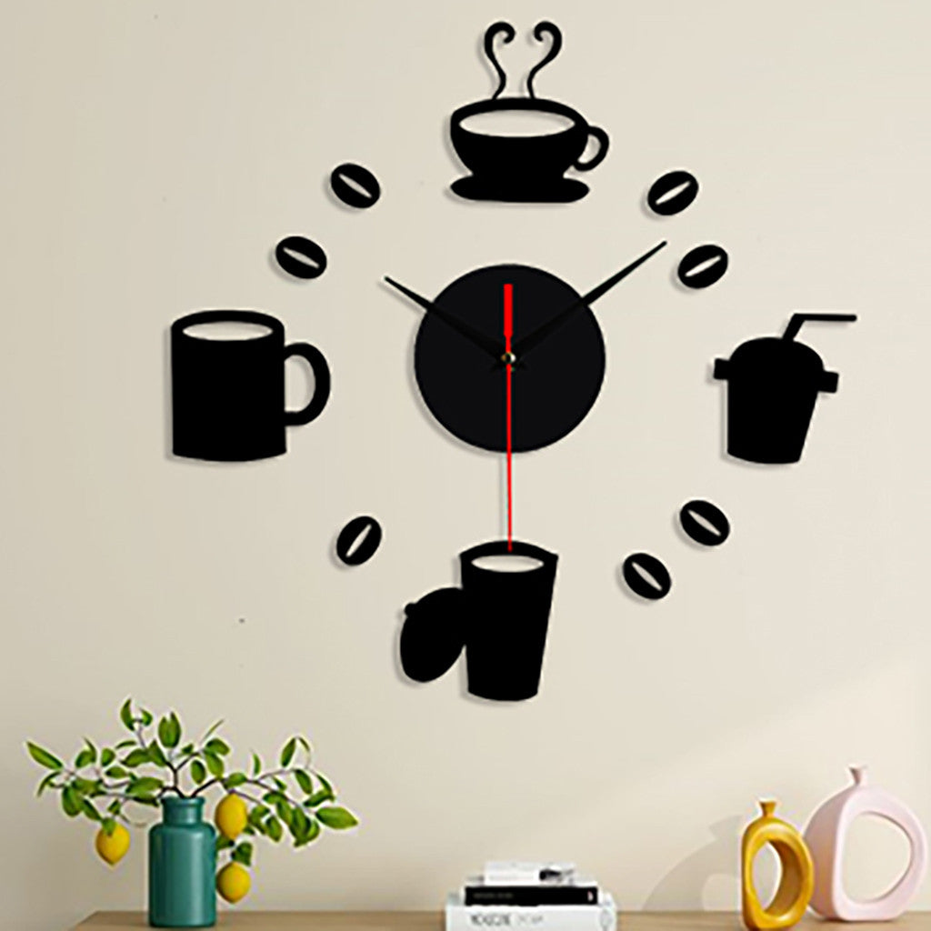 Home 3D Mirror Wall Clock Self Adhesive Modern Mute Acrylic Art Analog Kitchen DIY Coffee Cups Decor Waterproof Wall Decoration