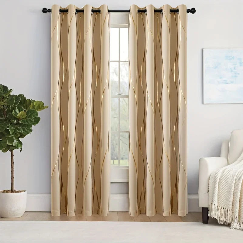 2Pcs Golden Wave &Circle Blackout Curtains Thermal Insulated Light Filtering Drapes with Grommet Top  Living Room Bedroom