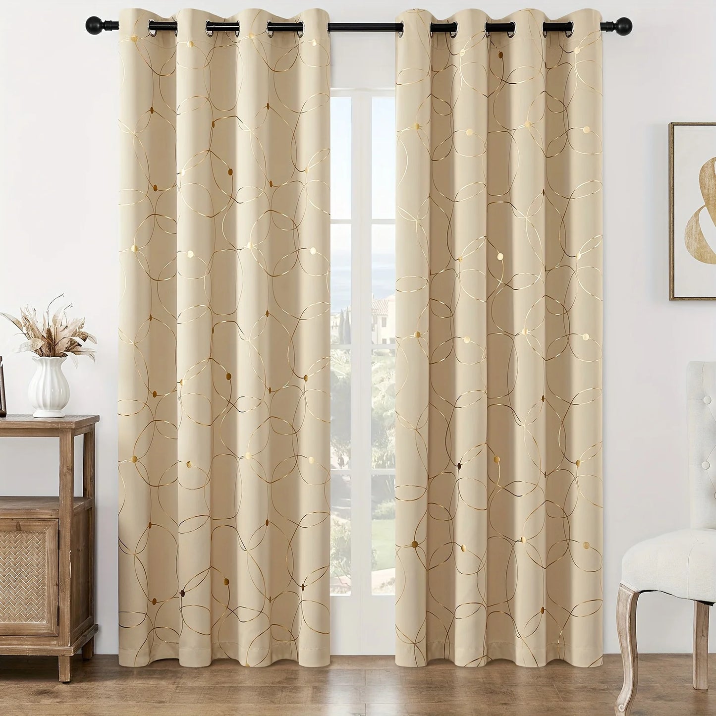 2Pcs Golden Wave &Circle Blackout Curtains Thermal Insulated Light Filtering Drapes with Grommet Top  Living Room Bedroom