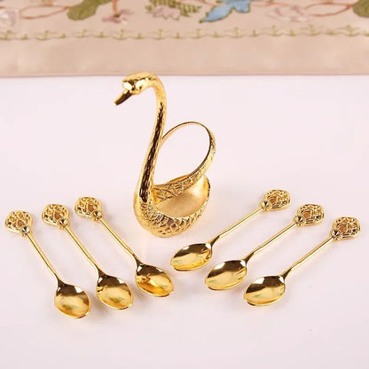 Coffee Spoon Set Metal Swan Base Holder Dessert Spoon Organizer with 6pcs Spoons Teaspoon Dessert Flatware Set for Coffee/Fruit