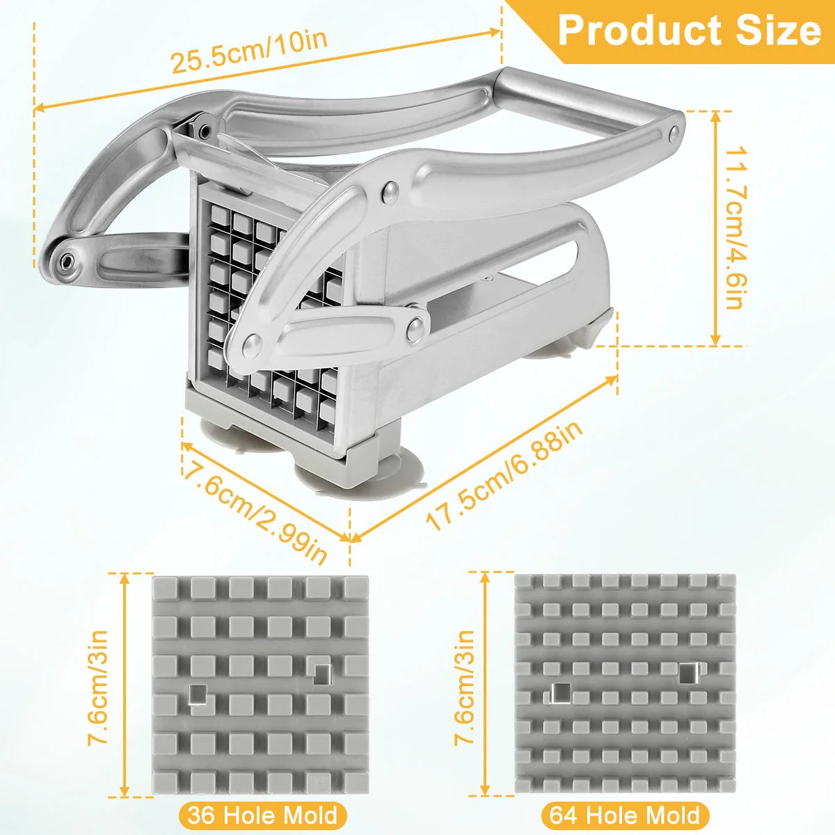 French Fry Cutter Stainless Steel Potato Chipper Fast Cutting Potato Chip Cutter with 36/46Holes Blades Manual Food Slicer Dicer