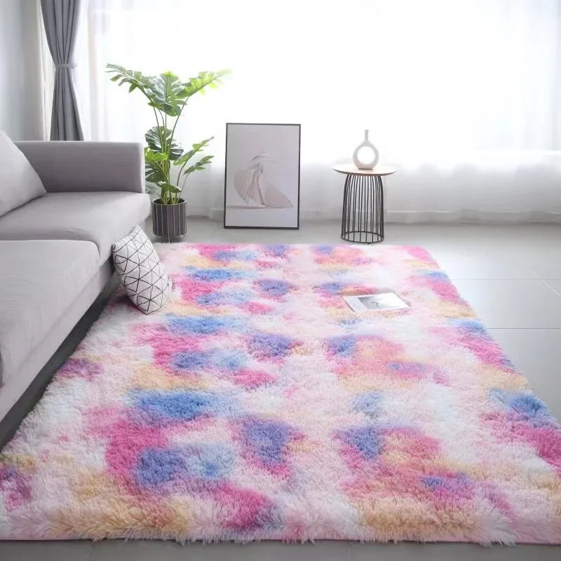 VIKAMA Silk Wool Rugs Children's Room Living Room Bedroom Tie-Dye Non-Slip Washable Machine Washable Carpet Mats