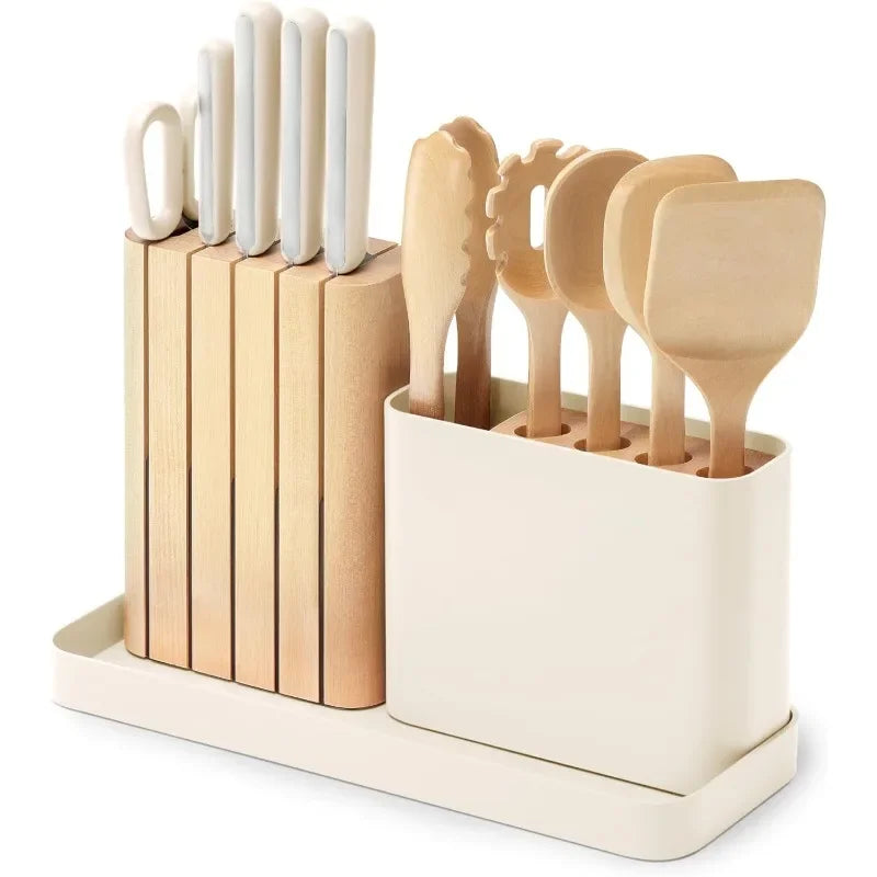 14-Piece Kitchen Prep Set  Made With Premium German Steel Blades & FSC-Certified Birch Wood  Includes Organizer - Cream