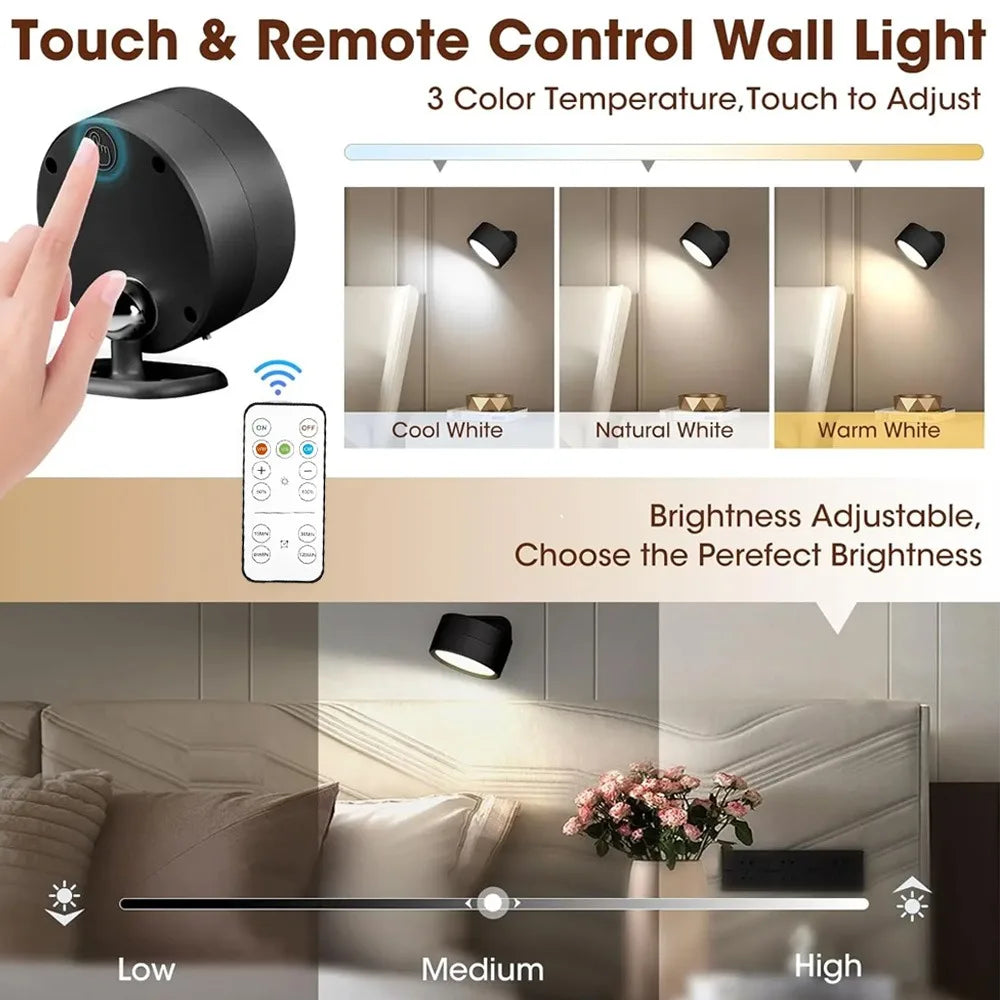 LED Wall Mounted Lights with Remote Wireless Magnetic Wall Sconces 3 Color Dimmable USB Rechargeable for Bedroom Bedside Light