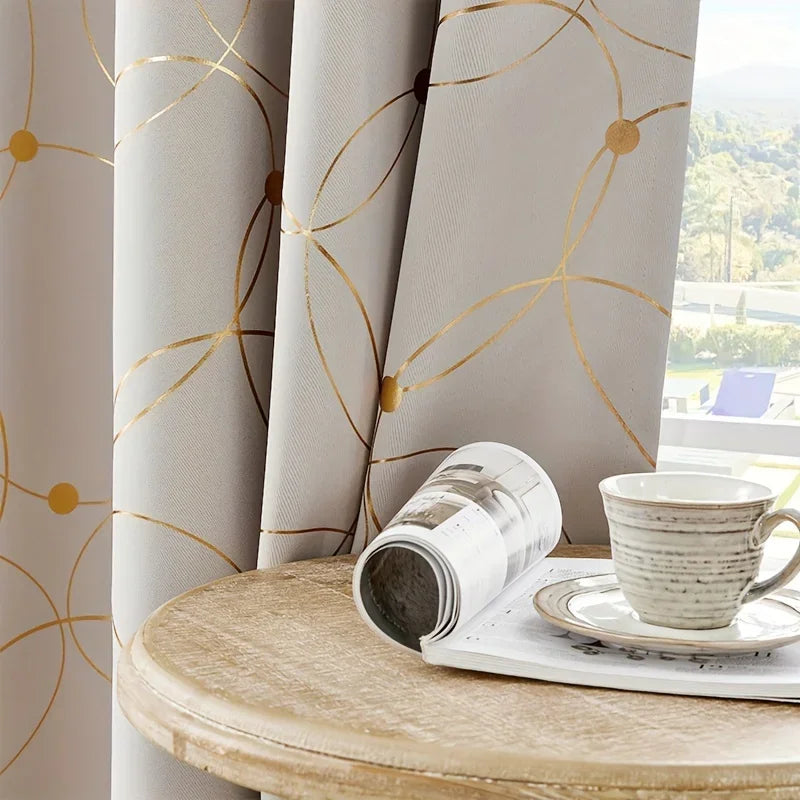 2Pcs Golden Wave &Circle Blackout Curtains Thermal Insulated Light Filtering Drapes with Grommet Top  Living Room Bedroom