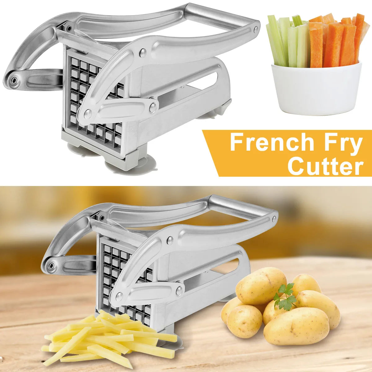 French Fry Cutter Stainless Steel Potato Chipper Fast Cutting Potato Chip Cutter with 36/46Holes Blades Manual Food Slicer Dicer