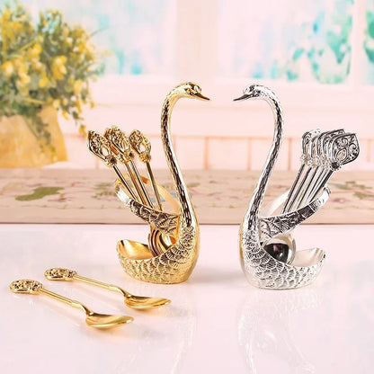 Coffee Spoon Set Metal Swan Base Holder Dessert Spoon Organizer with 6pcs Spoons Teaspoon Dessert Flatware Set for Coffee/Fruit